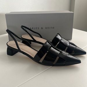 NWOT: Charles & Keith Interwoven Patent Slingback Pumps - Black Patent